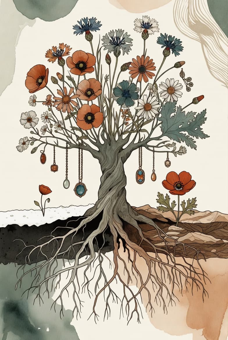 One tree with two roots — one in Carpathian soil, one in Carmel limestone, its branches bearing wildflowers and jewelry