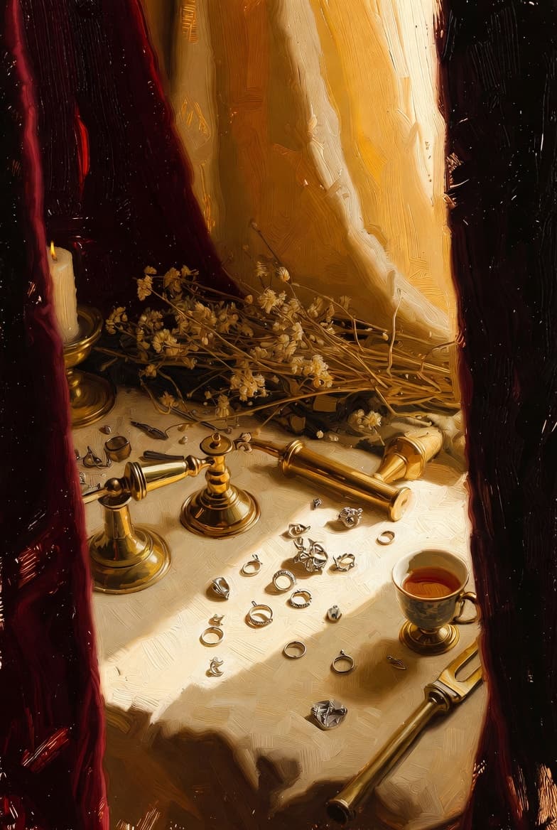 Over-the-shoulder painterly view of Alina's workbench in warm Mediterranean light, with brass tools, silver jewelry and dried wildflowers