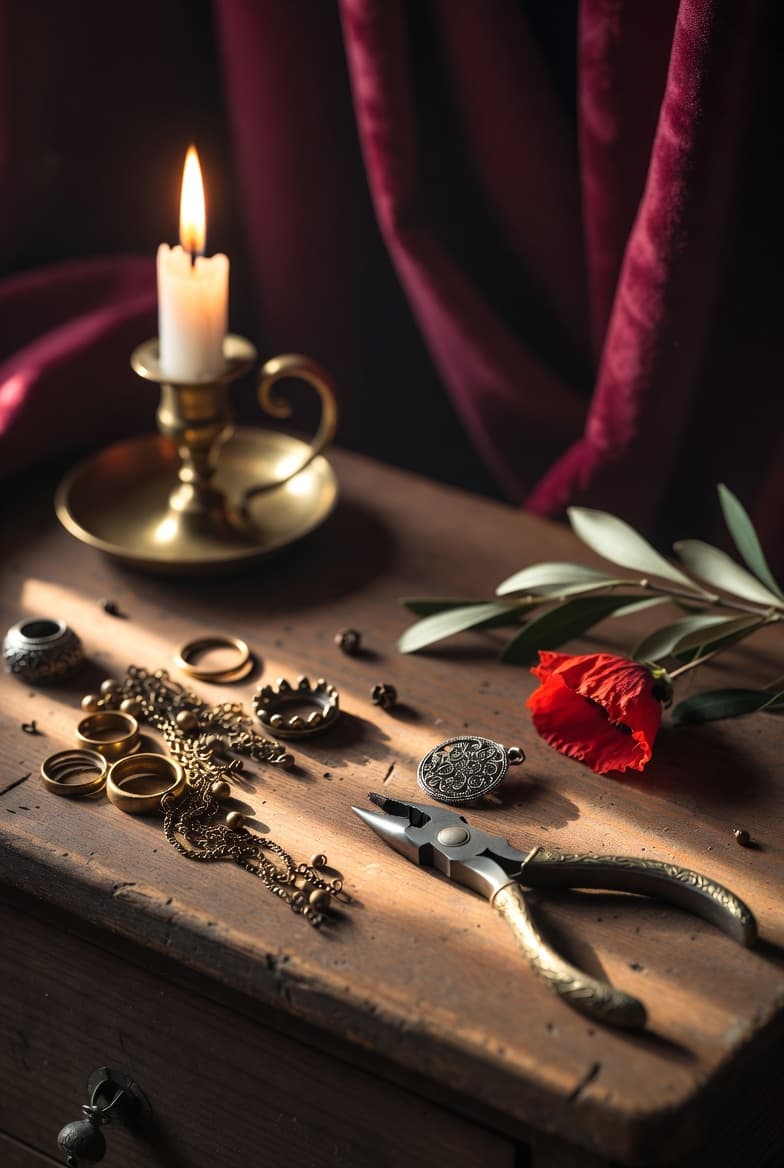 Candlelit still life of antique brass jewelry, vintage pliers, a red poppy and an olive sprig on a craftswoman's wooden workbench